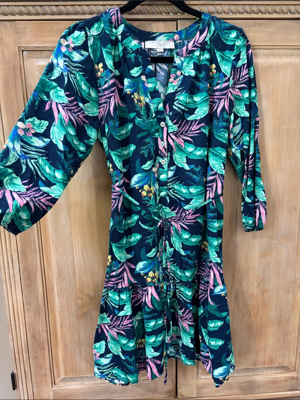LOFT Navy Tropical Leaf Tie-Waist Midi Dress